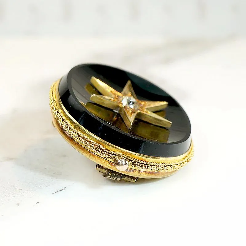 Fine Mourning Locket Brooch in 18k Onyx & Diamond