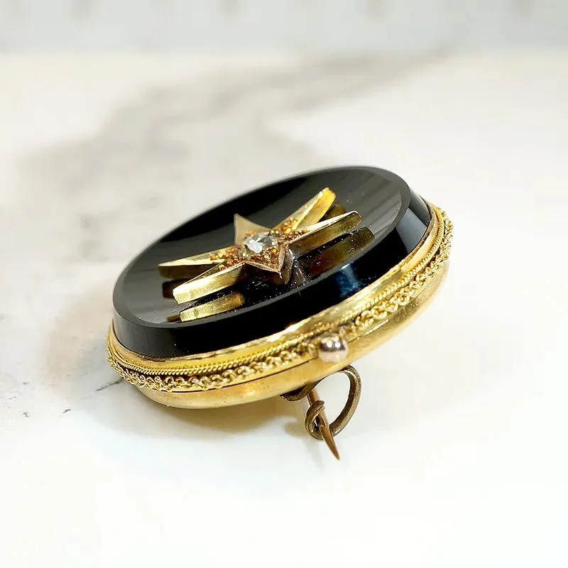 Fine Mourning Locket Brooch in 18k Onyx & Diamond