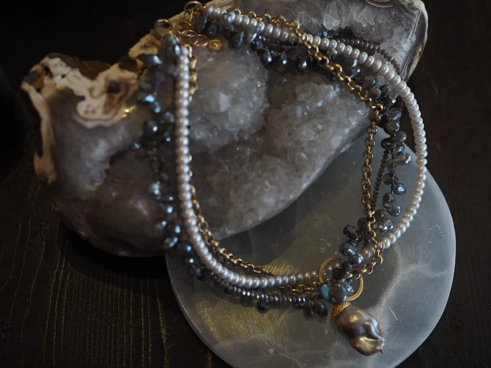 Flaneur Labradorite, pearls & semi precious stones with gold details Necklace