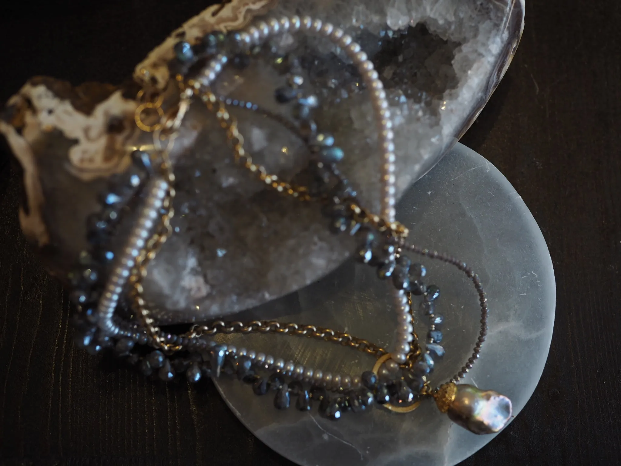 Flaneur Labradorite, pearls & semi precious stones with gold details Necklace
