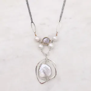 Freshwater Pearl and Grey Moonstone Woven Necklace