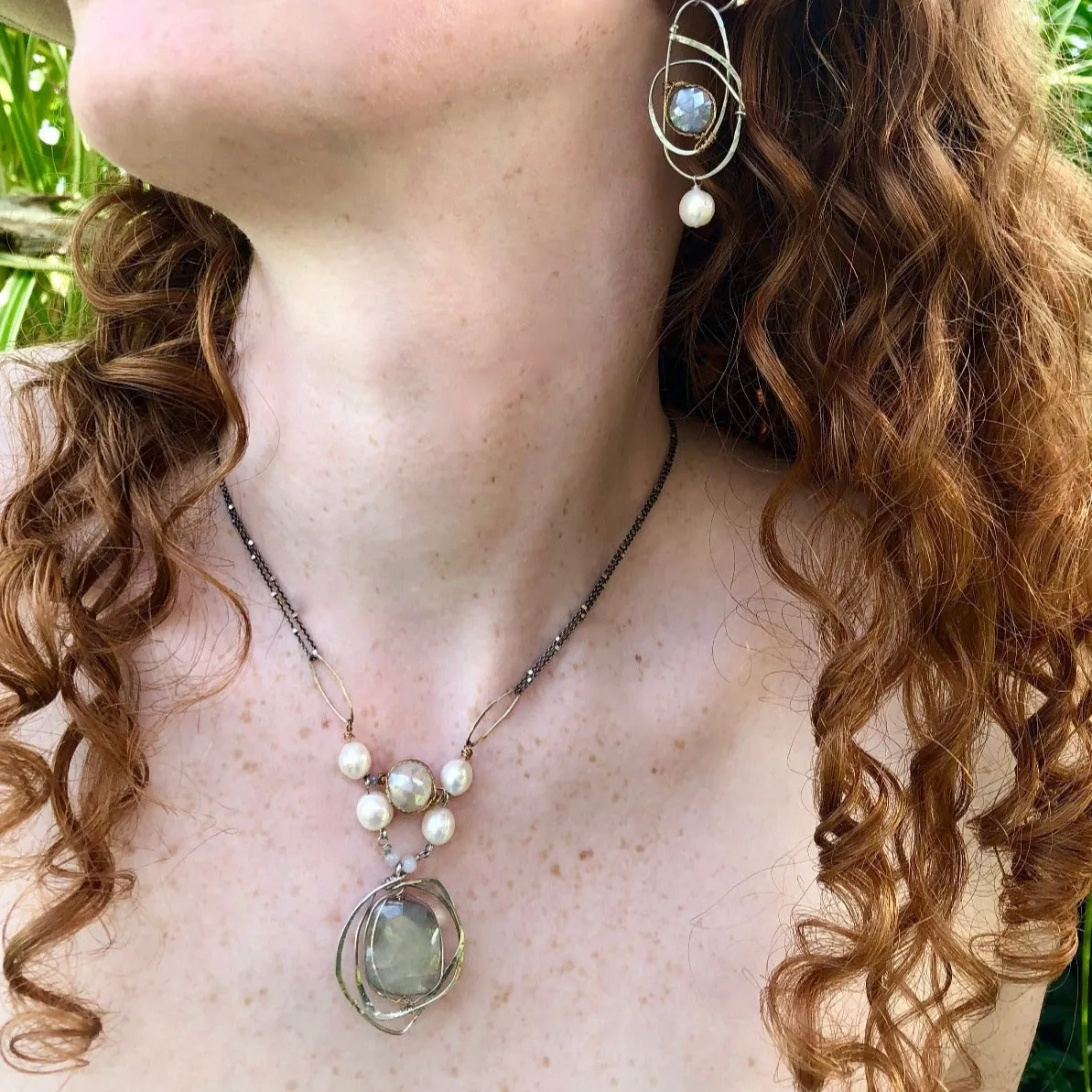 Freshwater Pearl and Grey Moonstone Woven Necklace
