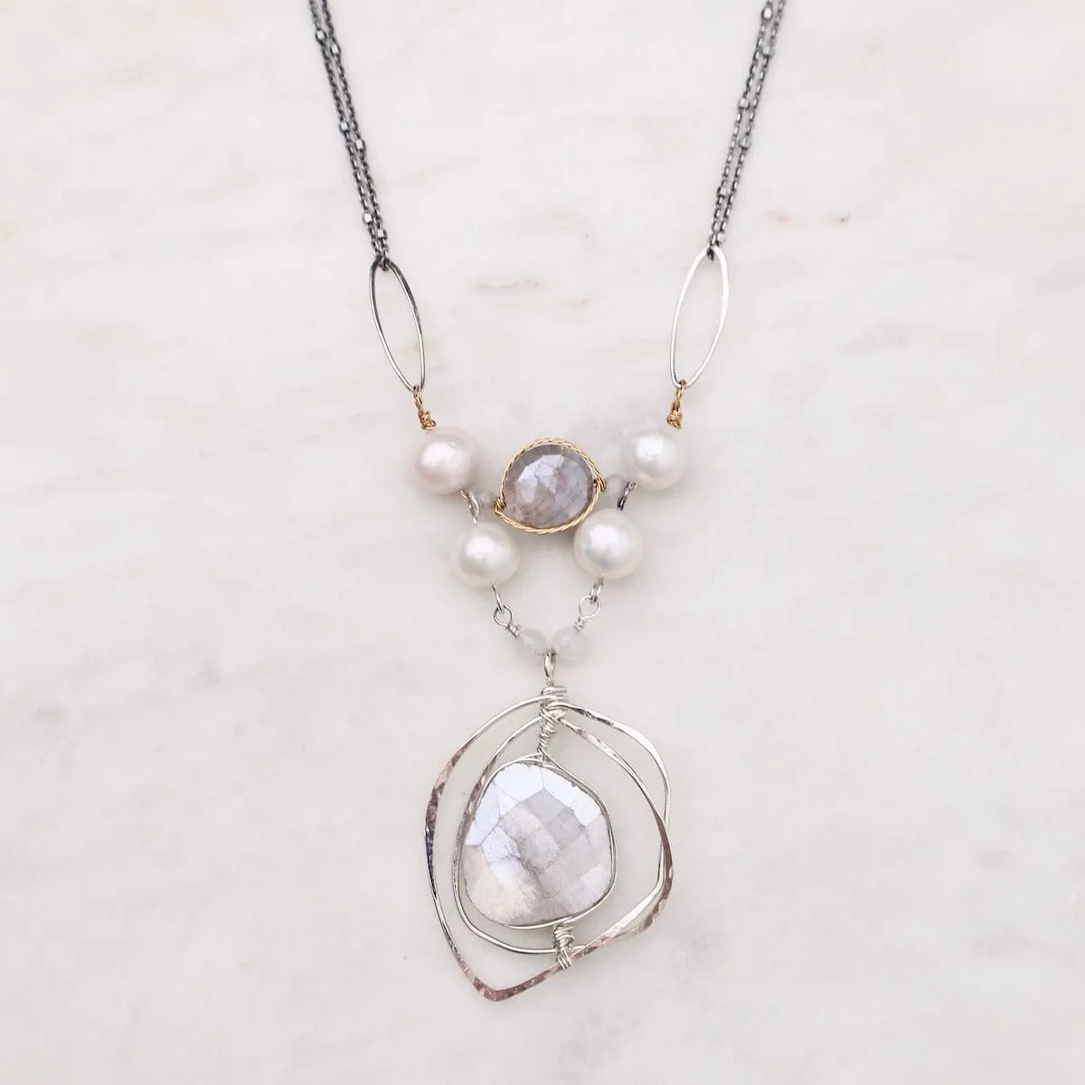 Freshwater Pearl and Grey Moonstone Woven Necklace