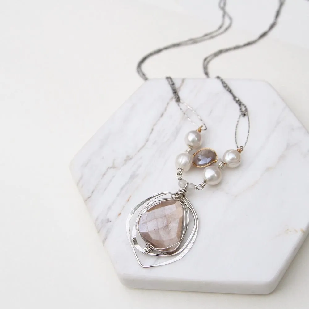 Freshwater Pearl and Grey Moonstone Woven Necklace