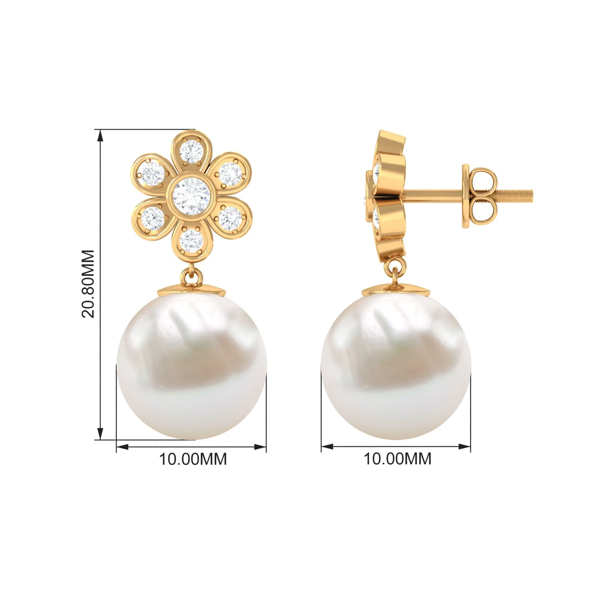 Freshwater Pearl Drop Earrings with Bezel Set Diamond Flower