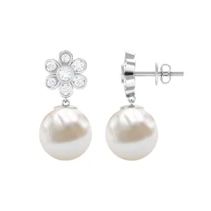 Freshwater Pearl Drop Earrings with Bezel Set Diamond Flower