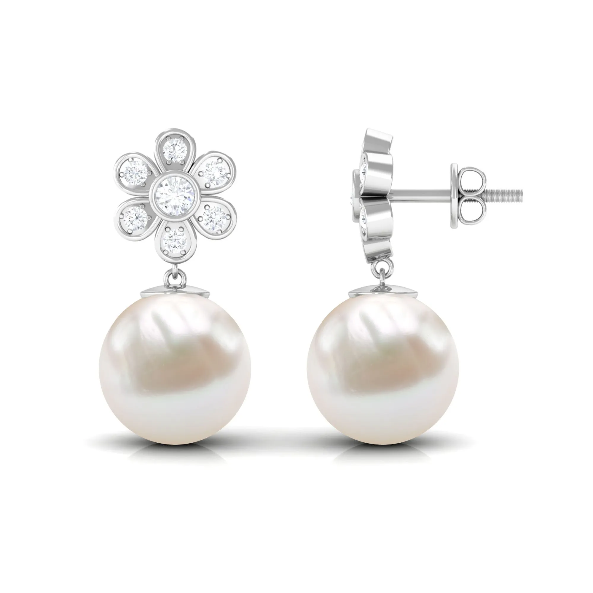 Freshwater Pearl Drop Earrings with Bezel Set Diamond Flower