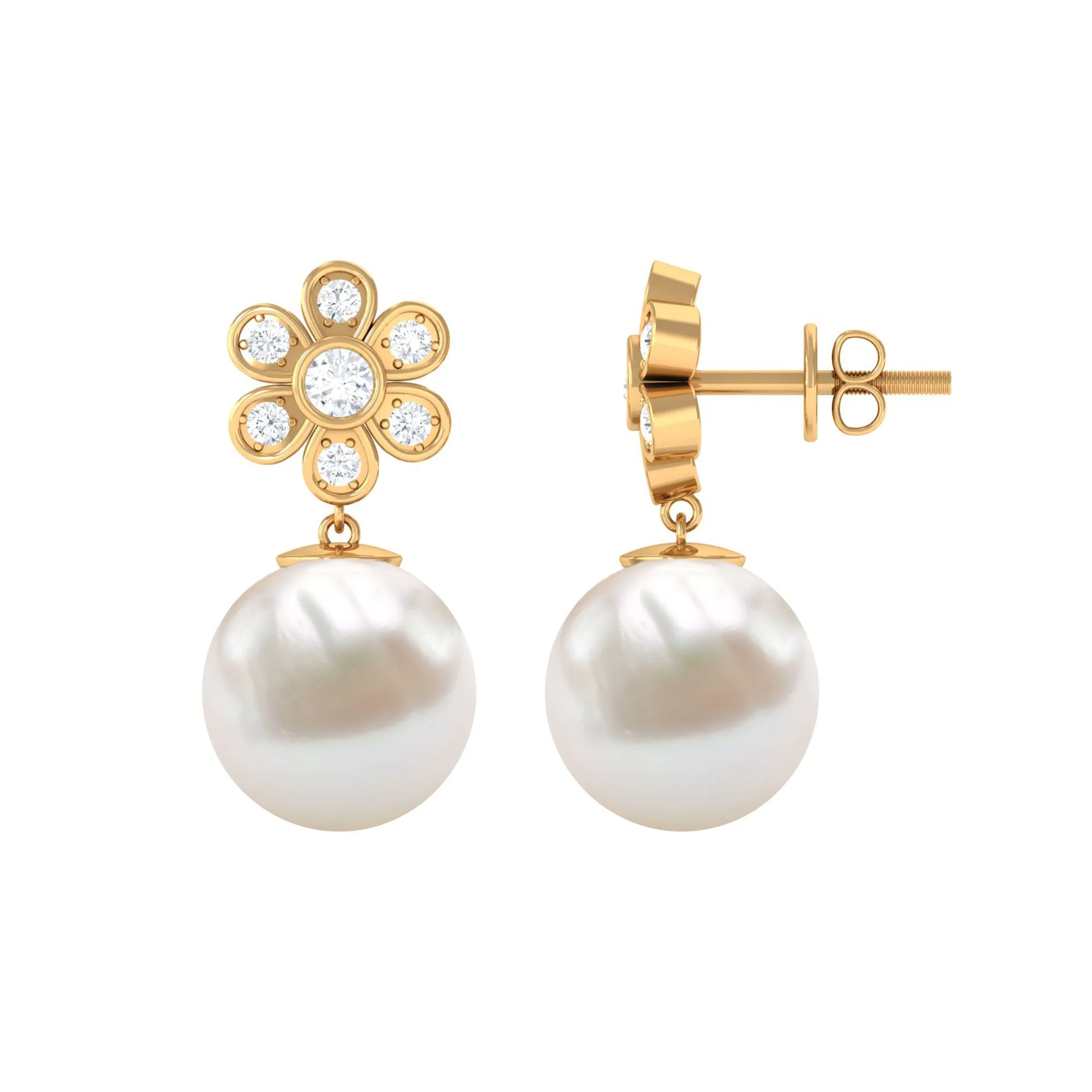 Freshwater Pearl Drop Earrings with Bezel Set Diamond Flower