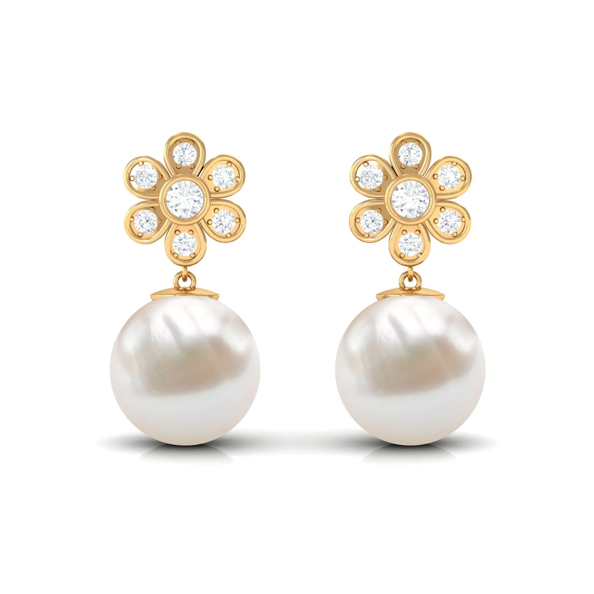 Freshwater Pearl Drop Earrings with Bezel Set Diamond Flower