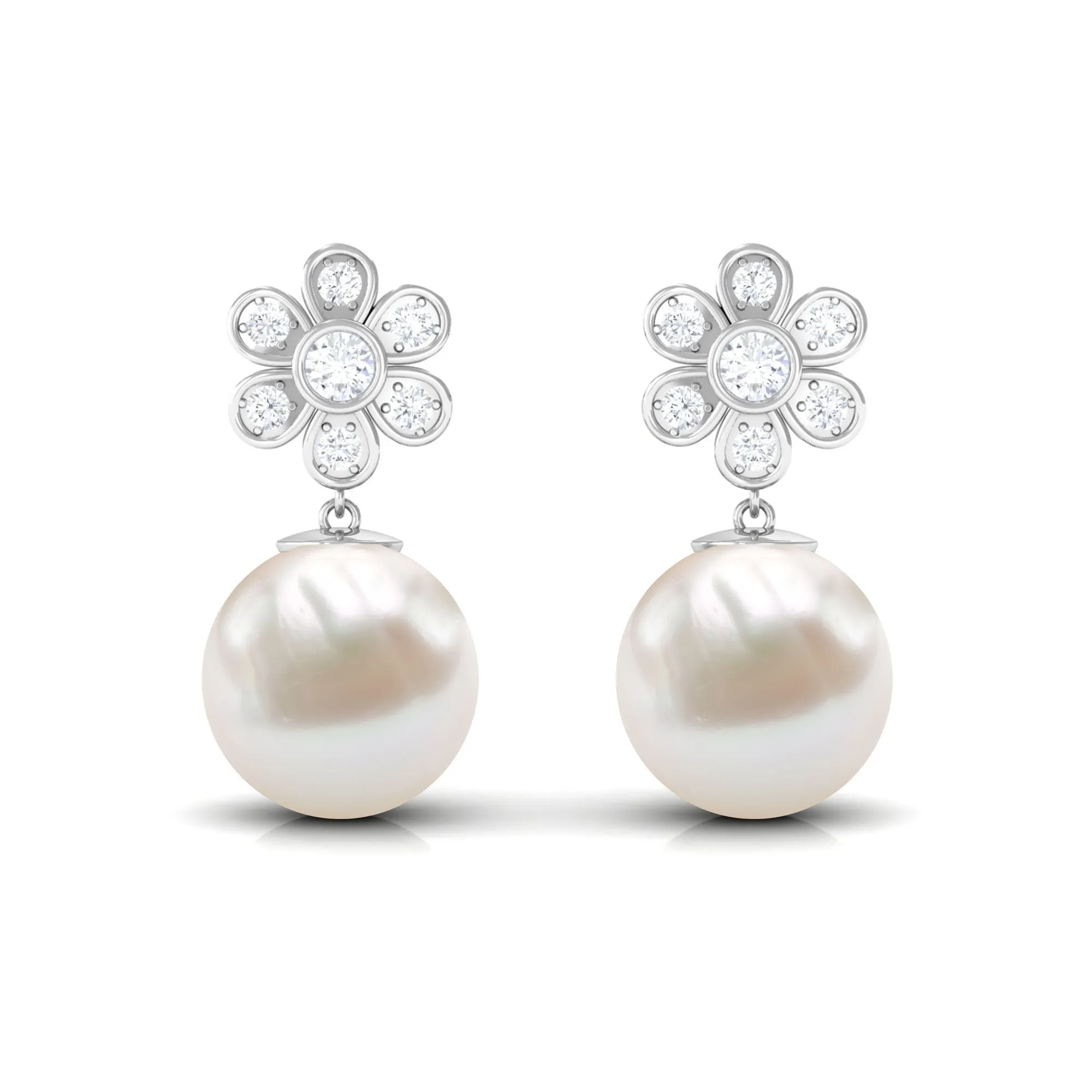 Freshwater Pearl Drop Earrings with Bezel Set Diamond Flower