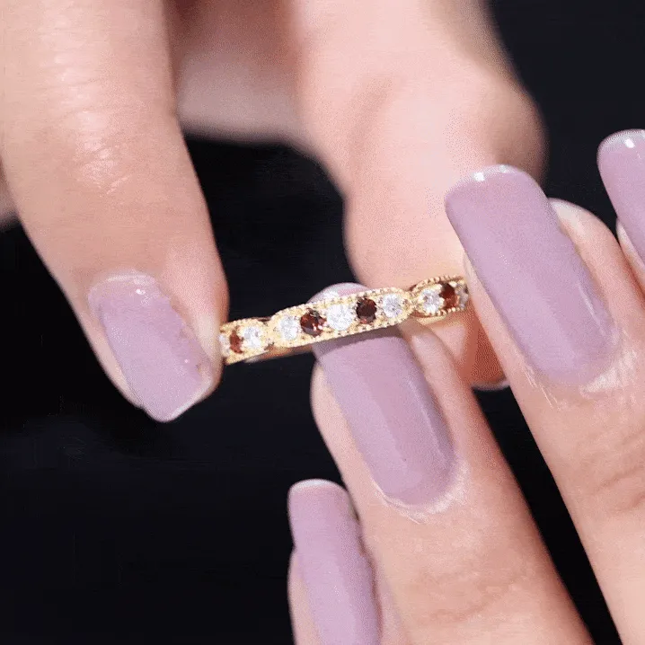 Garnet and Diamond Band Ring with Milgrain Details