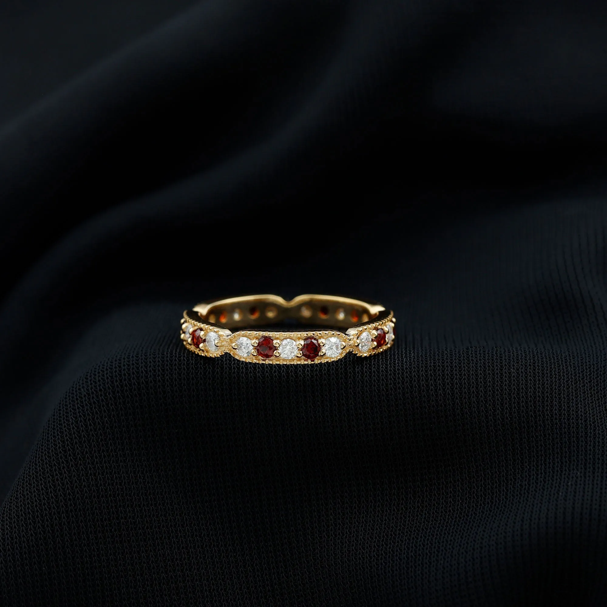 Garnet and Diamond Band Ring with Milgrain Details