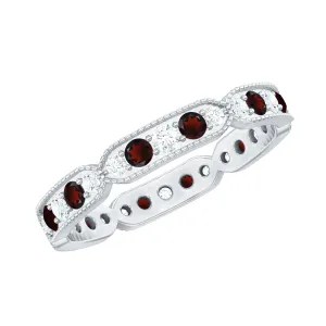 Garnet and Diamond Band Ring with Milgrain Details