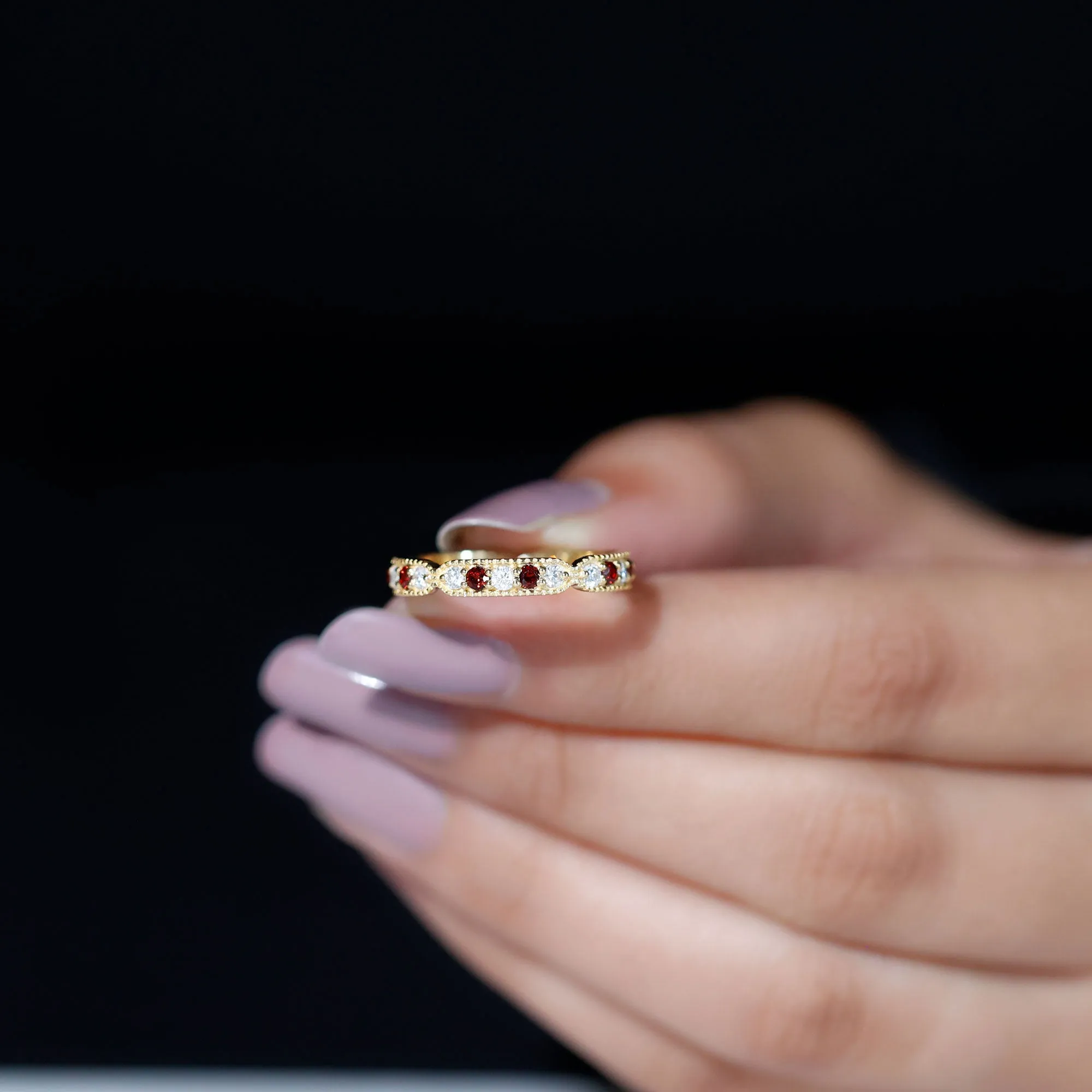Garnet and Diamond Band Ring with Milgrain Details