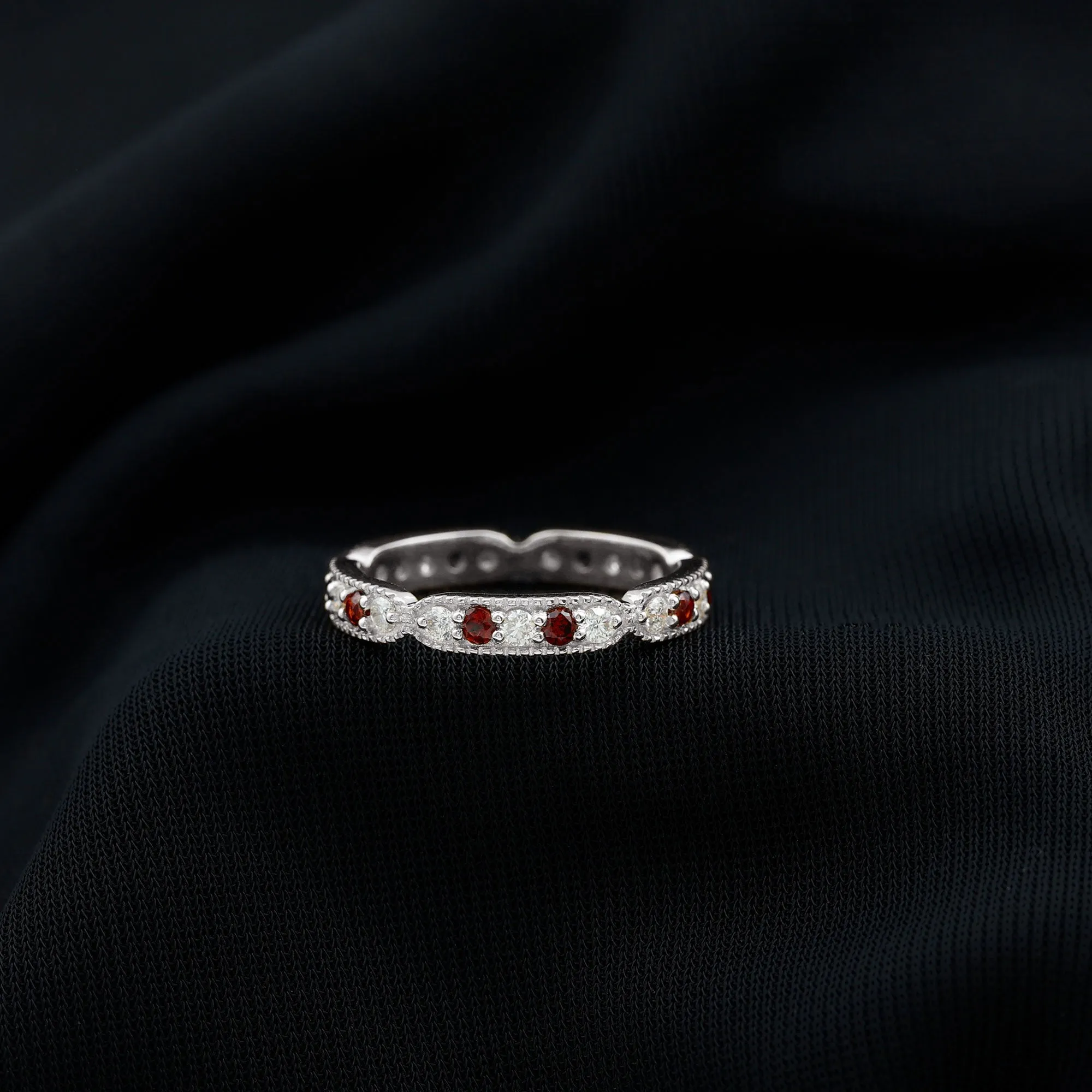 Garnet and Diamond Band Ring with Milgrain Details