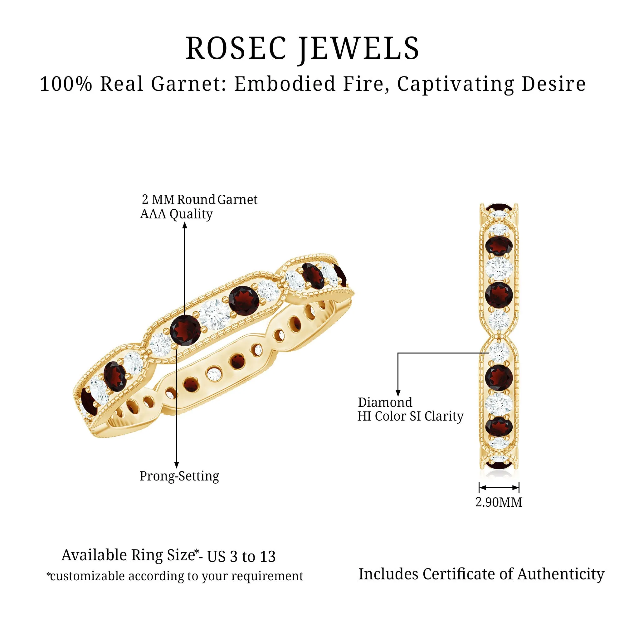 Garnet and Diamond Band Ring with Milgrain Details