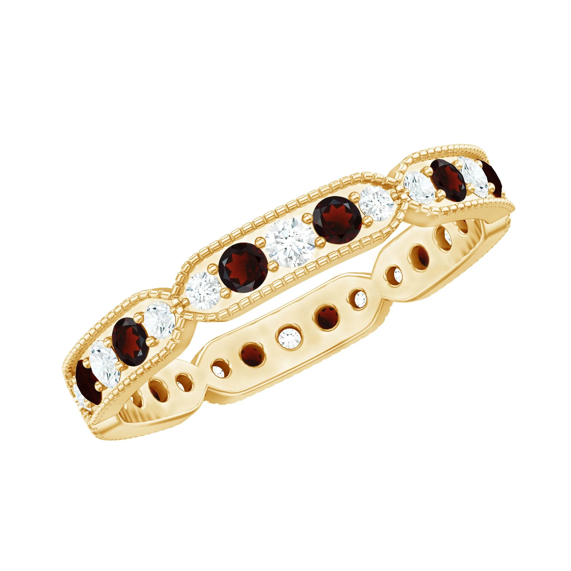 Garnet and Diamond Band Ring with Milgrain Details
