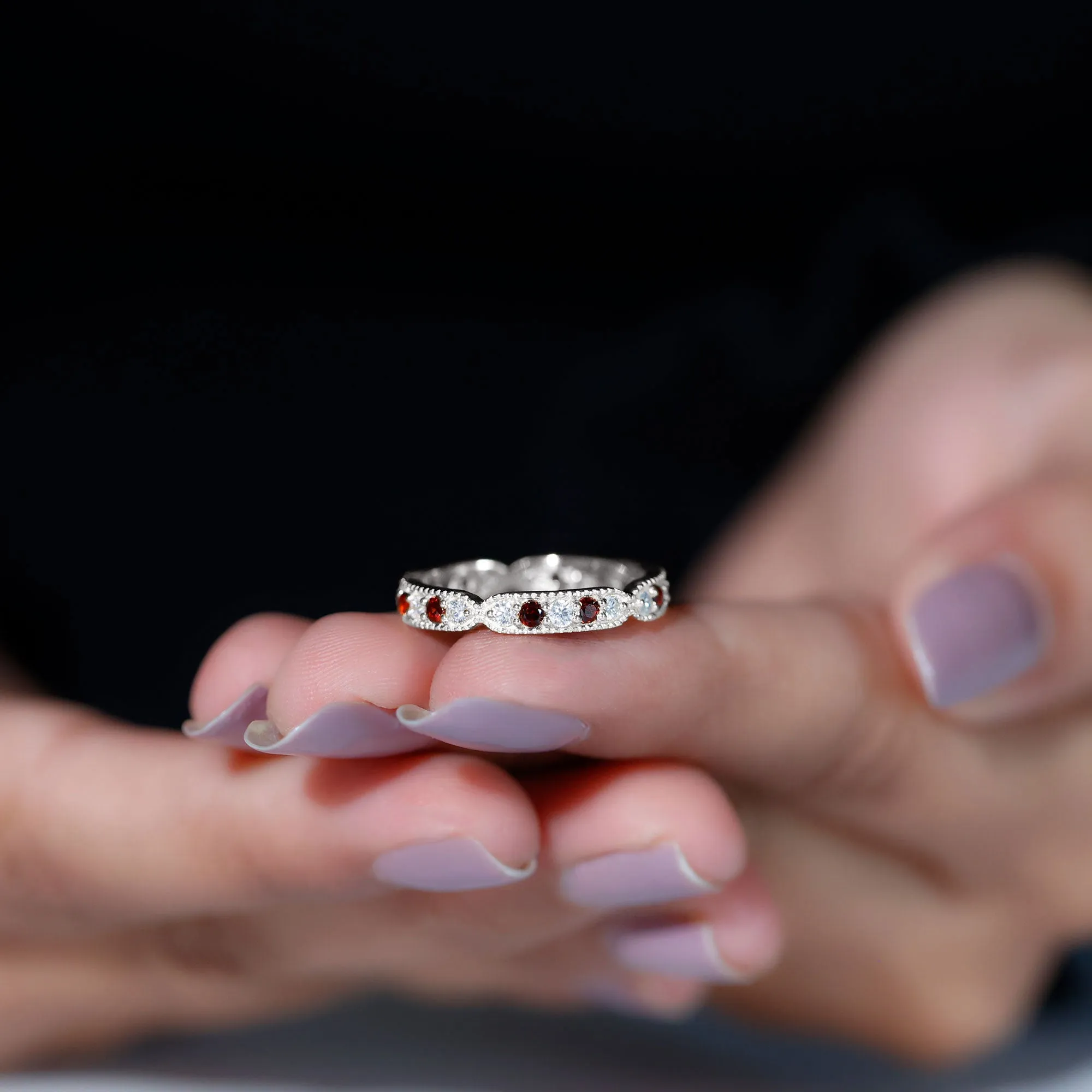 Garnet and Diamond Band Ring with Milgrain Details