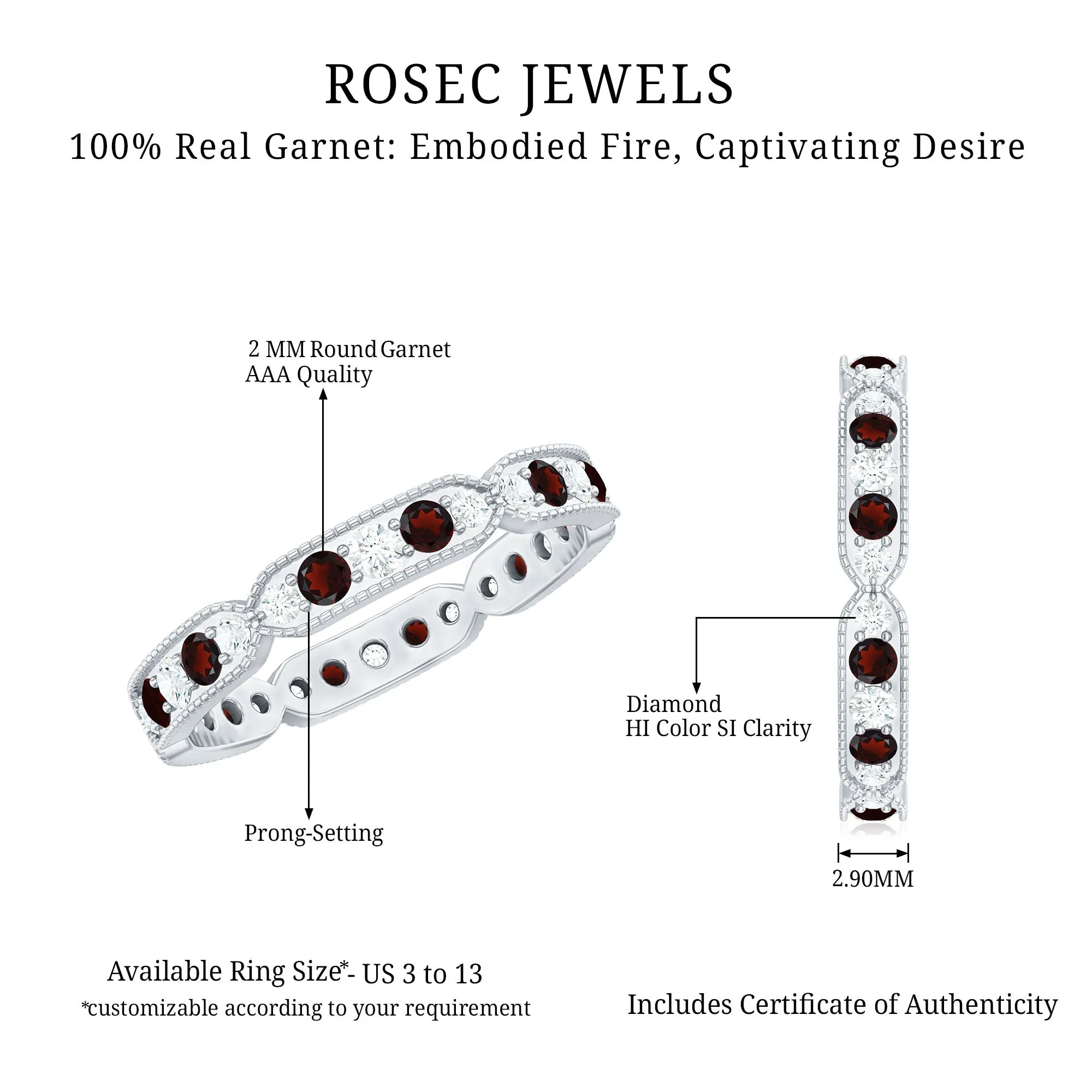 Garnet and Diamond Band Ring with Milgrain Details