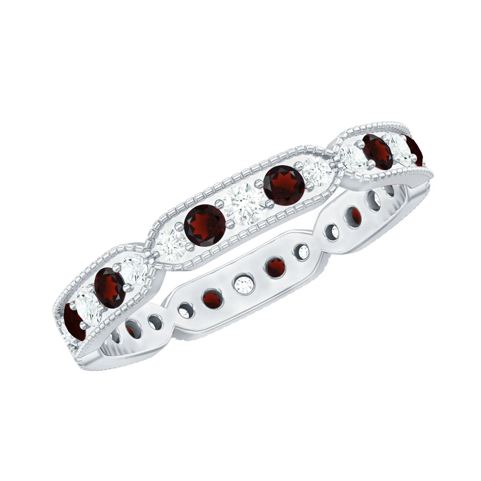 Garnet and Diamond Band Ring with Milgrain Details
