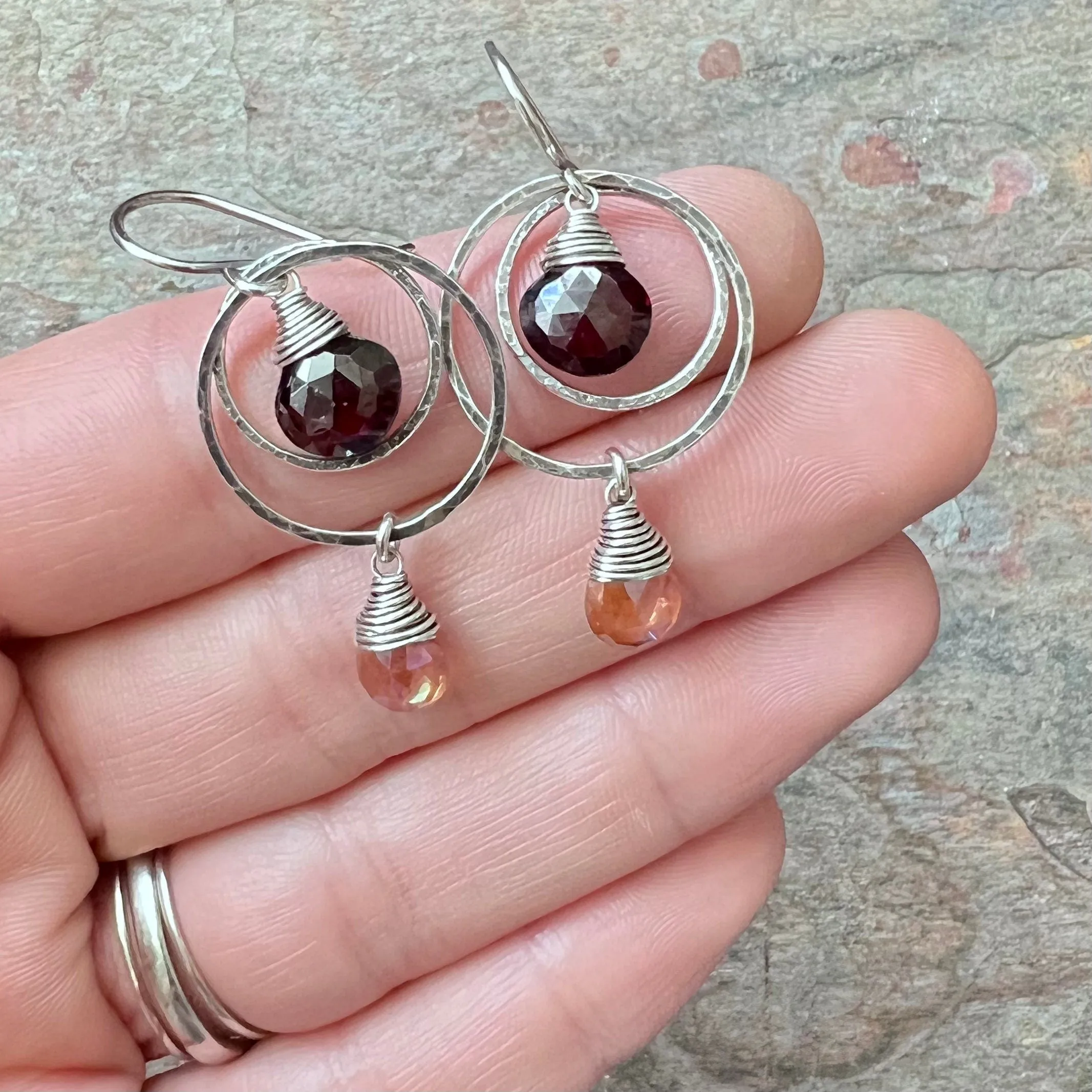 Garnet and Quartz Sterling Silver Earrings - Genuine Deep Plum Garnet and Butterscotch Quartz Earrings