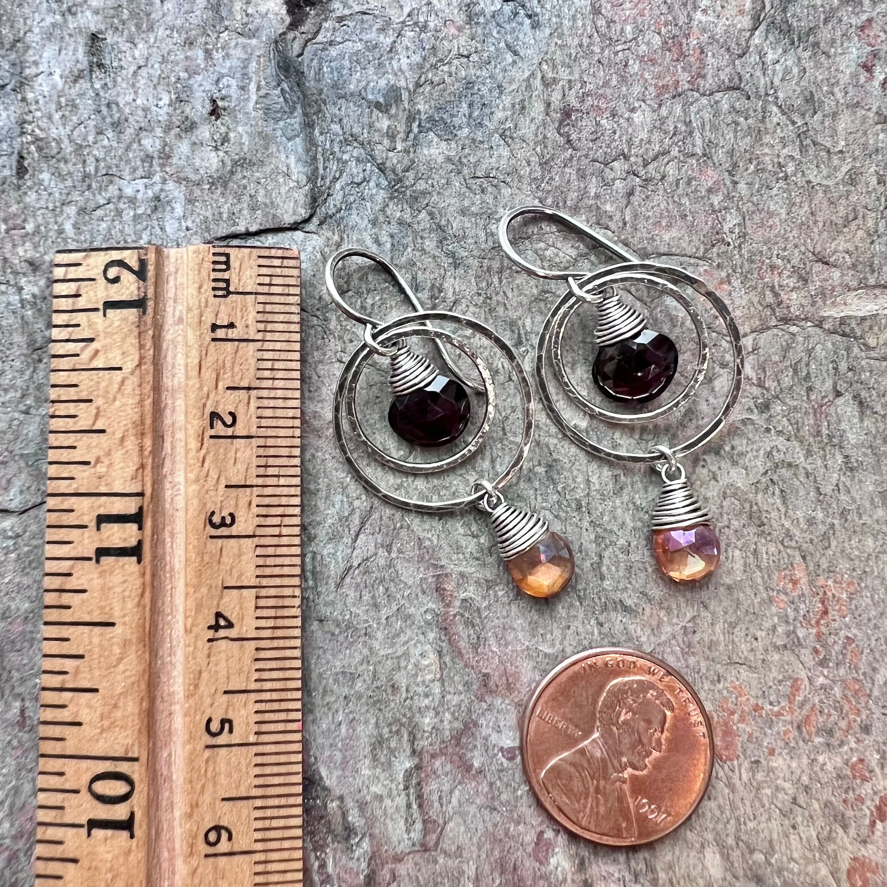 Garnet and Quartz Sterling Silver Earrings - Genuine Deep Plum Garnet and Butterscotch Quartz Earrings