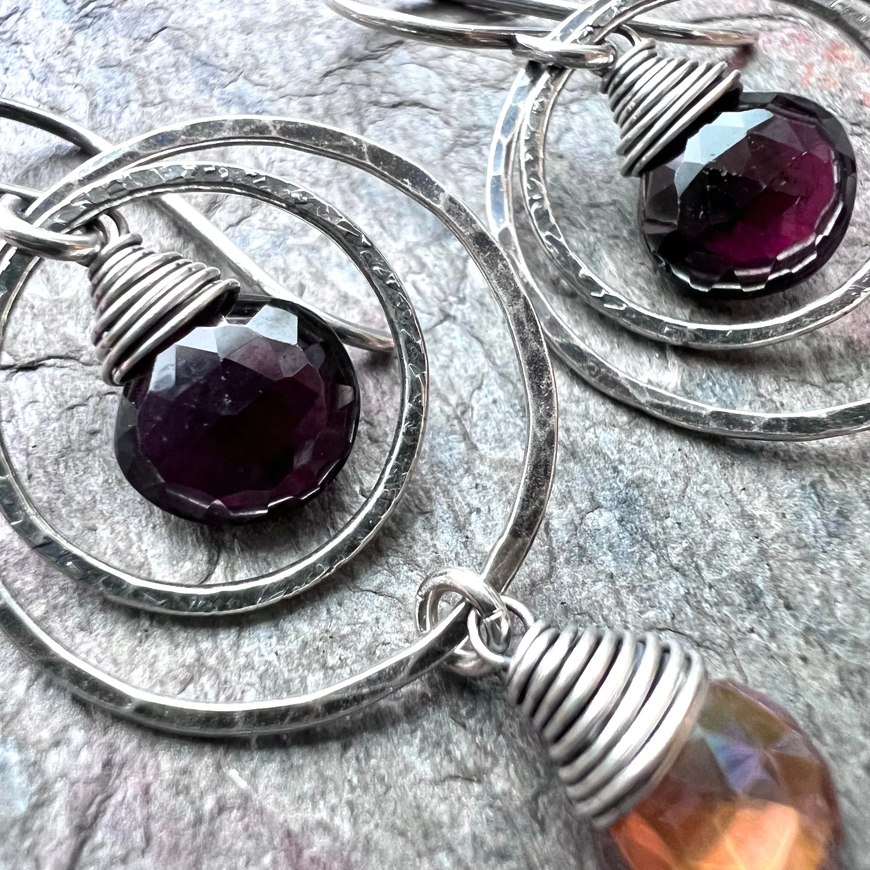 Garnet and Quartz Sterling Silver Earrings - Genuine Deep Plum Garnet and Butterscotch Quartz Earrings
