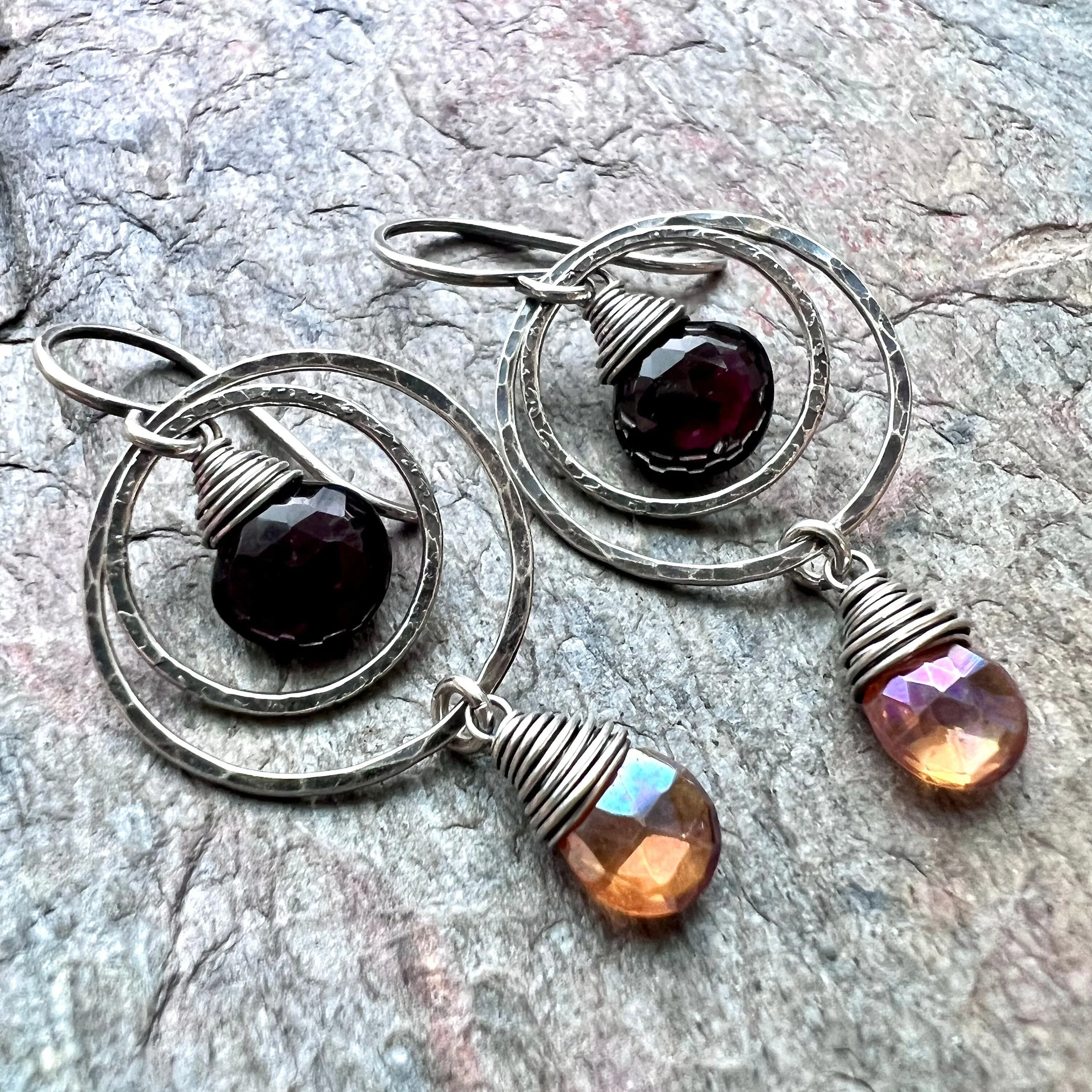 Garnet and Quartz Sterling Silver Earrings - Genuine Deep Plum Garnet and Butterscotch Quartz Earrings