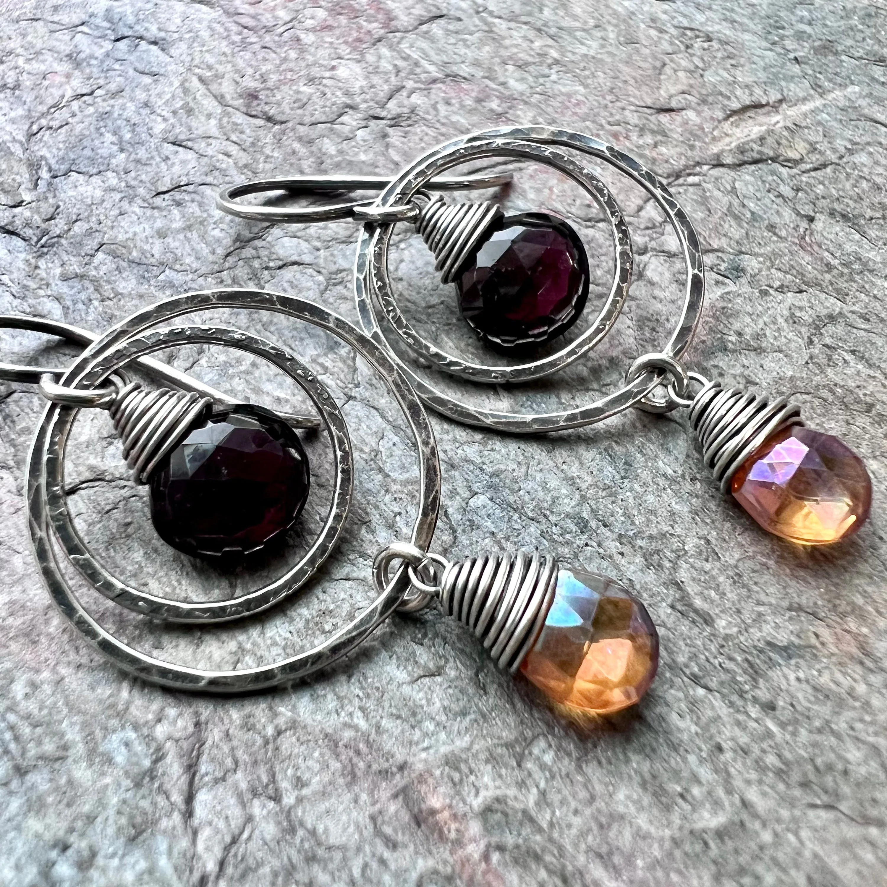 Garnet and Quartz Sterling Silver Earrings - Genuine Deep Plum Garnet and Butterscotch Quartz Earrings