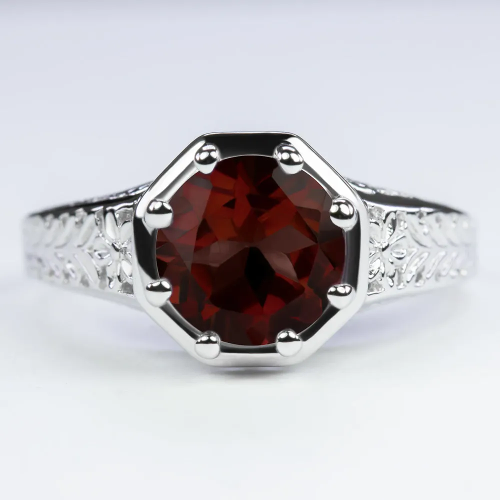 GARNET STERLING SILVER RING VINTAGE STYLE ART DECO SOLITAIRE ROUND CUT GEMSTONE