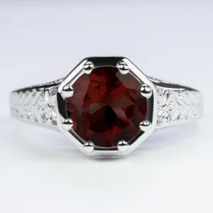 GARNET STERLING SILVER RING VINTAGE STYLE ART DECO SOLITAIRE ROUND CUT GEMSTONE