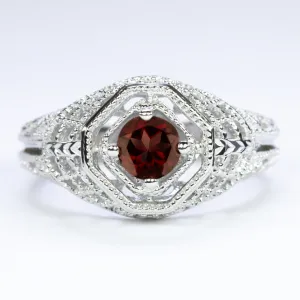 GARNET STERLING SILVER RING VINTAGE STYLE SOLITAIRE FILIGREE ROUND CUT ART DECO
