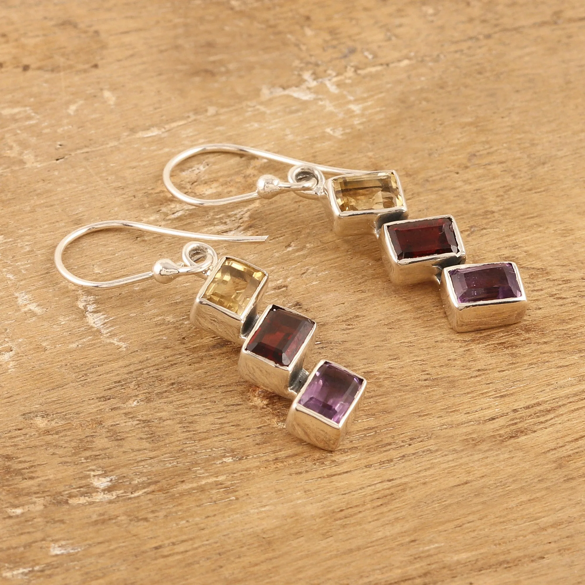 Geometric Multi-Gemstone Dangle Earrings Totaling 3 Carats - Dazzling Ladders | NOVICA