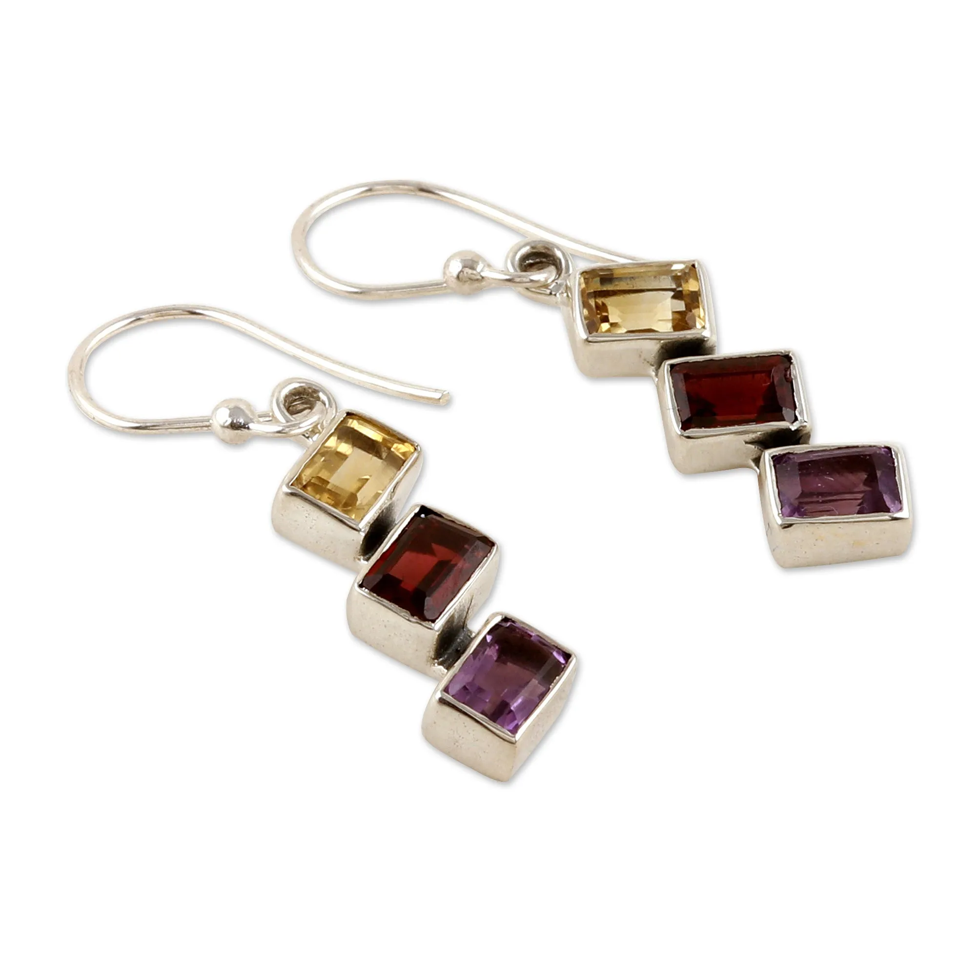 Geometric Multi-Gemstone Dangle Earrings Totaling 3 Carats - Dazzling Ladders | NOVICA