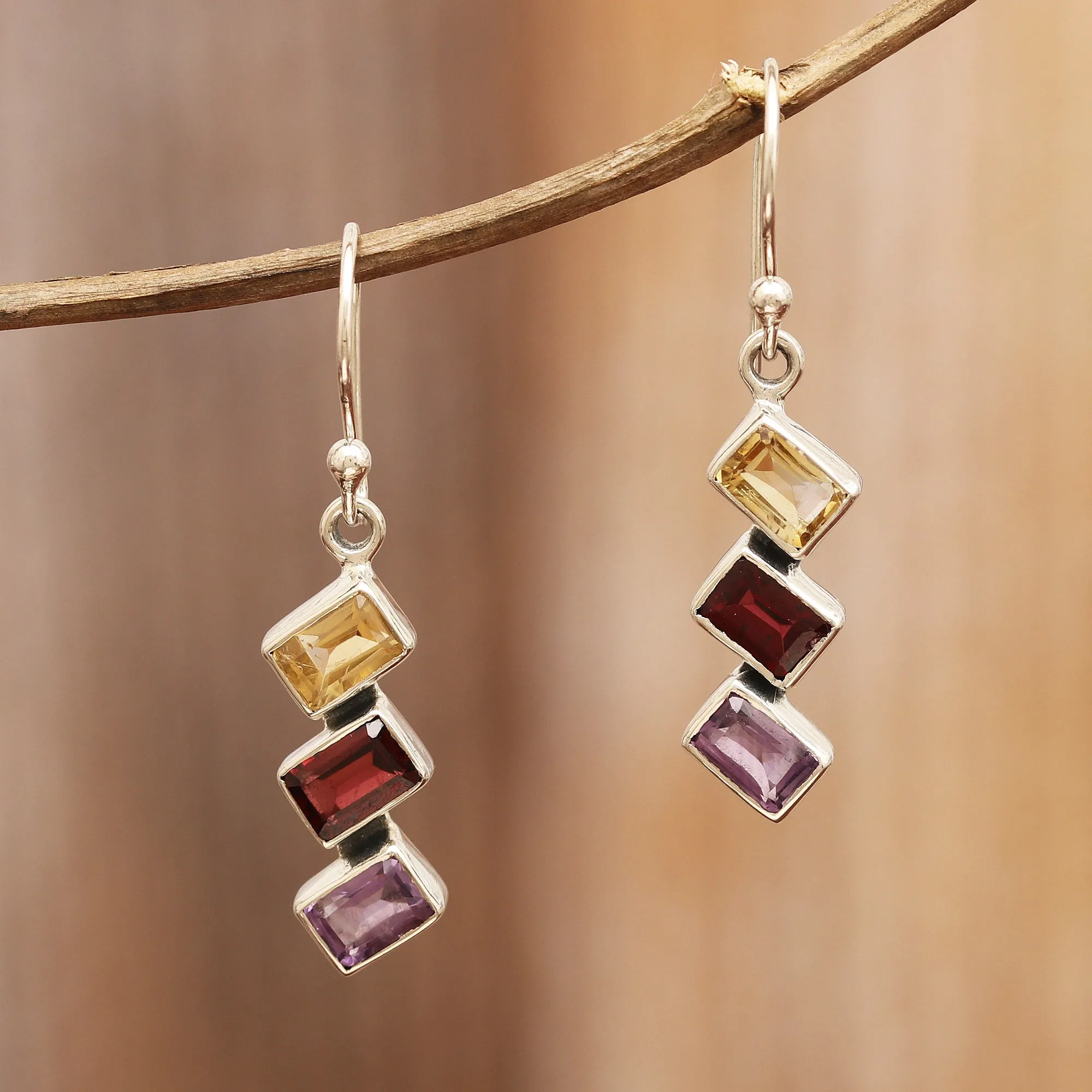 Geometric Multi-Gemstone Dangle Earrings Totaling 3 Carats - Dazzling Ladders | NOVICA