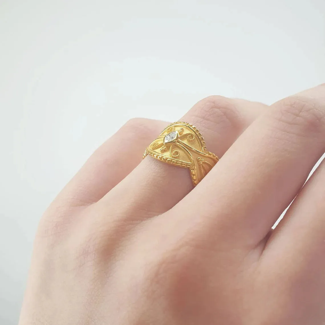 Gold Byzantine Ring With Marquise Diamond