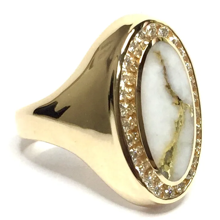 Gold Quartz Ring Oval Inlaid with .36ctw Round Diamonds Halo