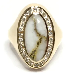 Gold Quartz Ring Oval Inlaid with .36ctw Round Diamonds Halo