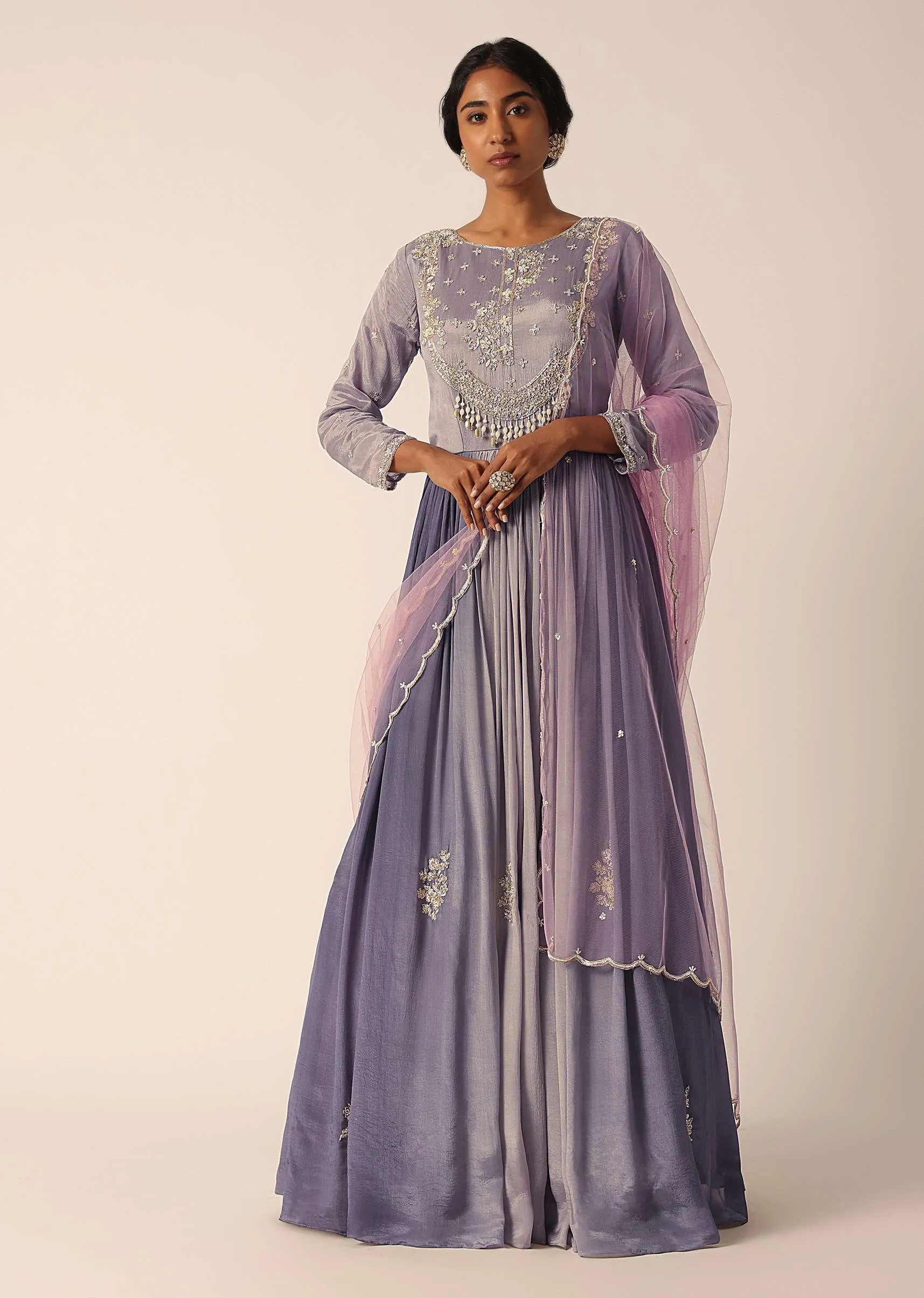 Grey Chiffon Anarkali Set With Pearl Work