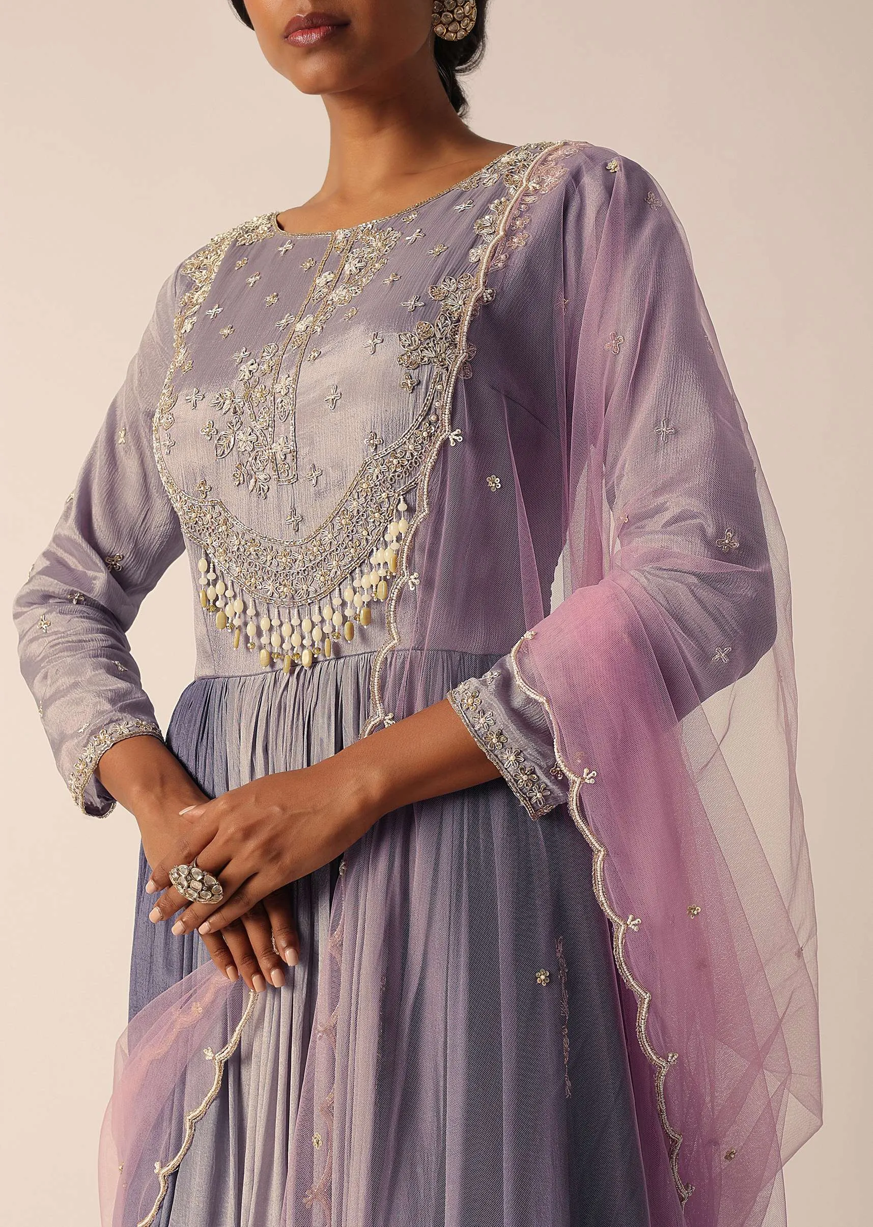 Grey Chiffon Anarkali Set With Pearl Work