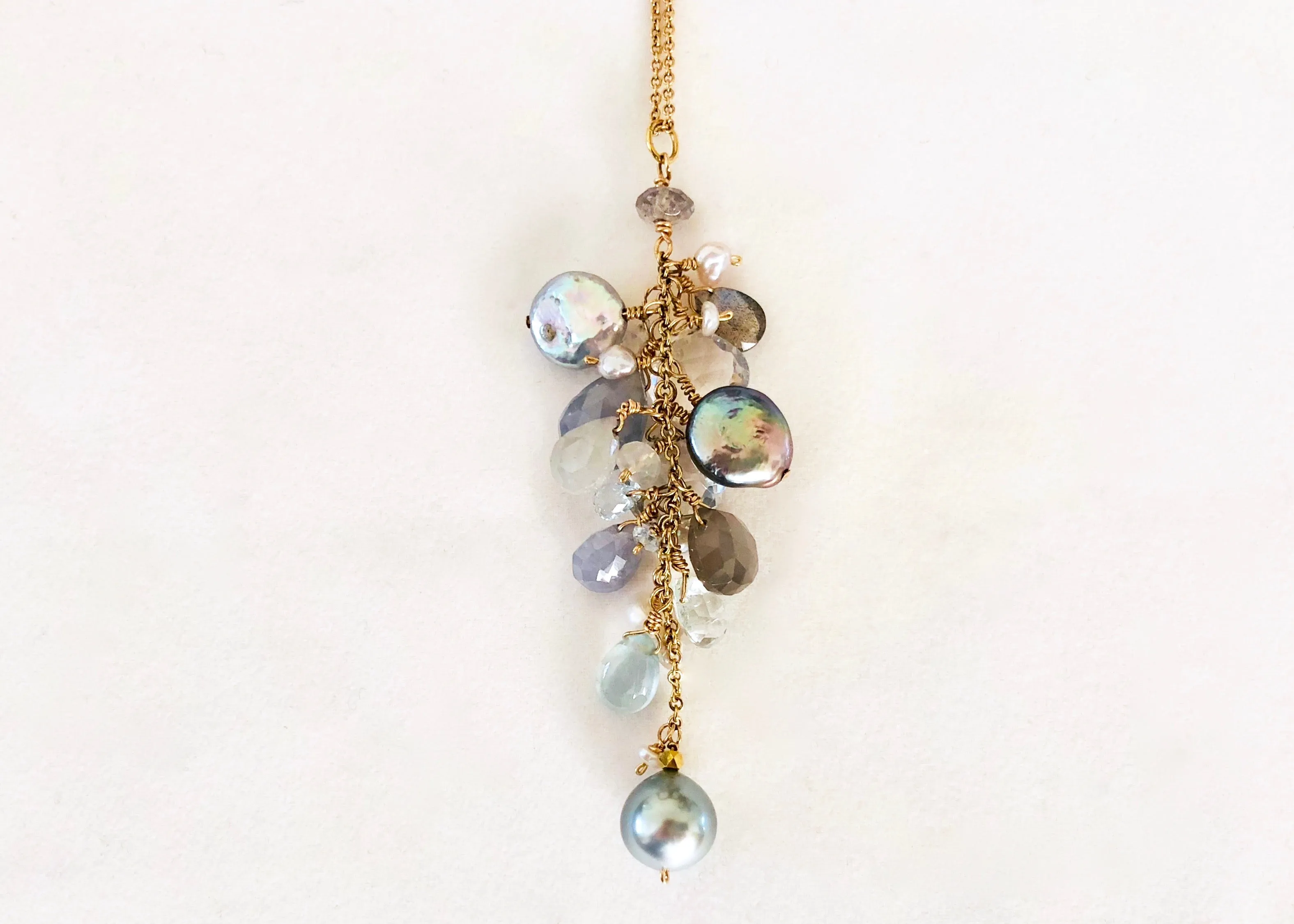 Grey Pearl, and Labradorite Cascade necklace, 14K