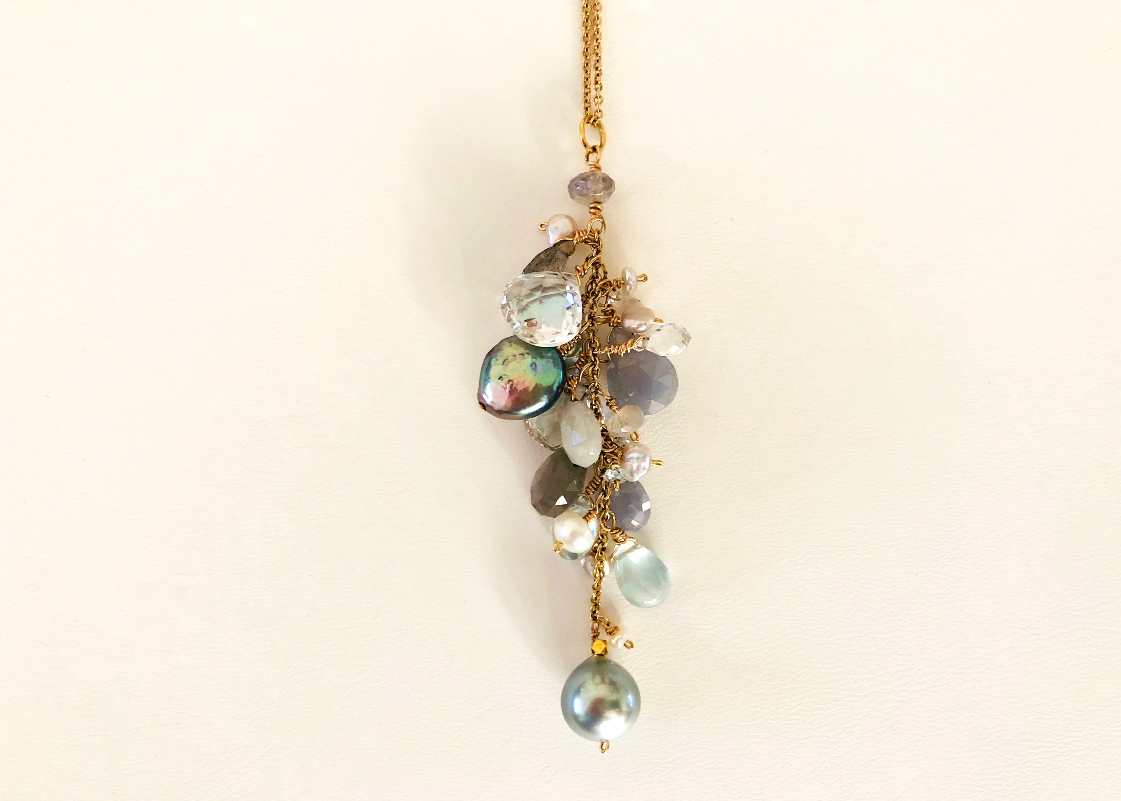 Grey Pearl, and Labradorite Cascade necklace, 14K