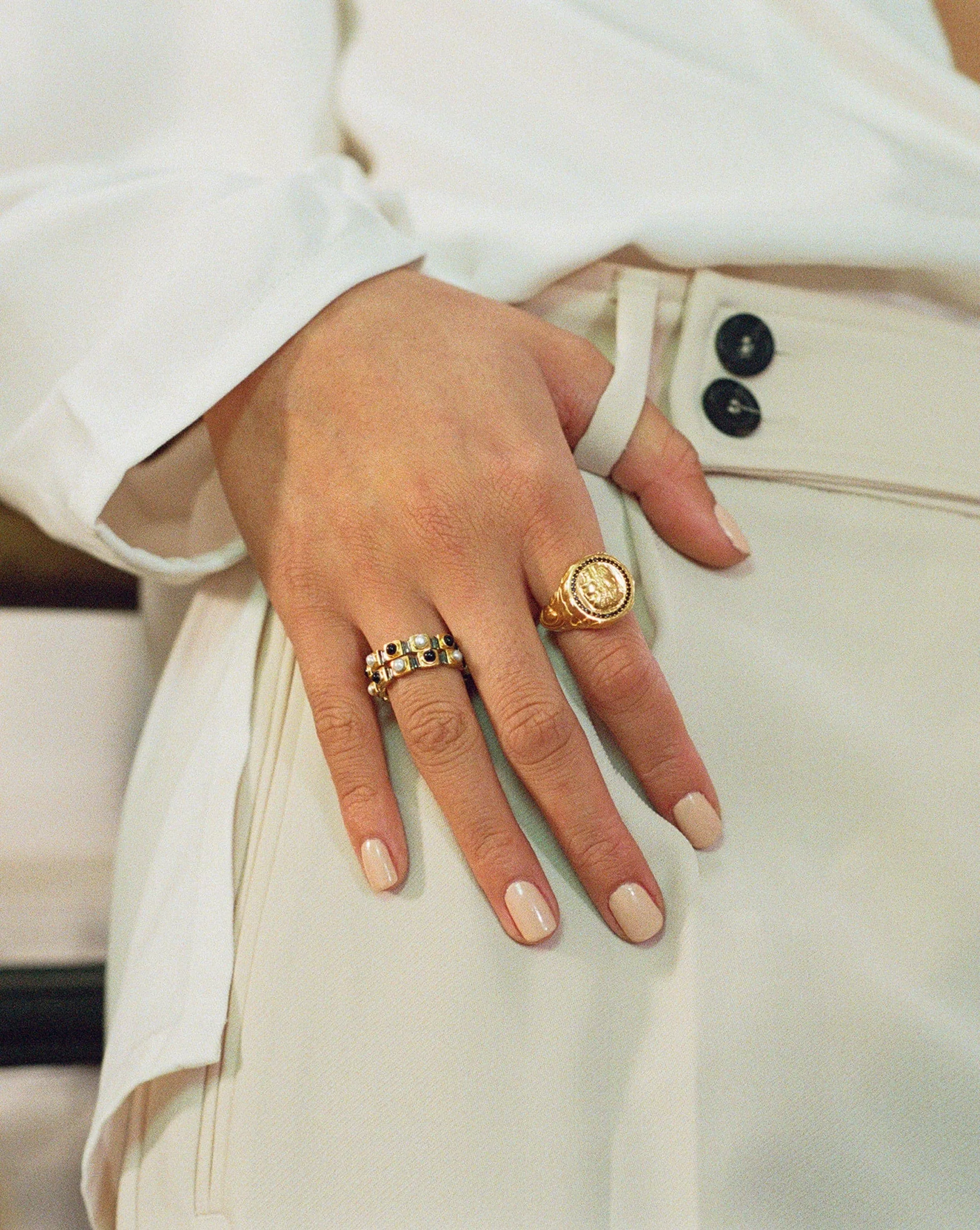 Harris Reed Janus Locket Signet Ring | 18ct Gold Plated/Black Cubic Zirconia