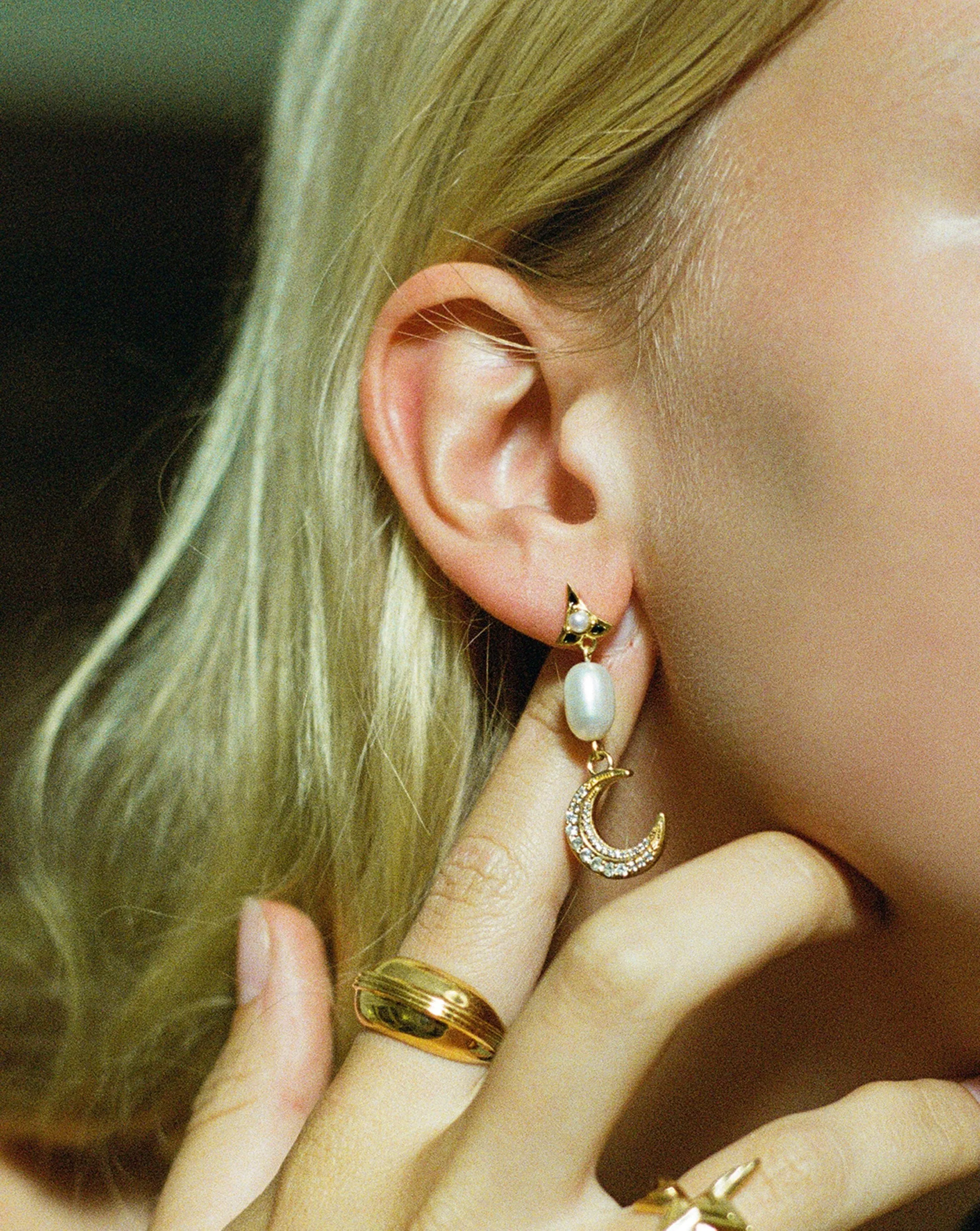 Harris Reed Moonlight Pearl Drop Earrings | 18ct Gold Plated/Pearl
