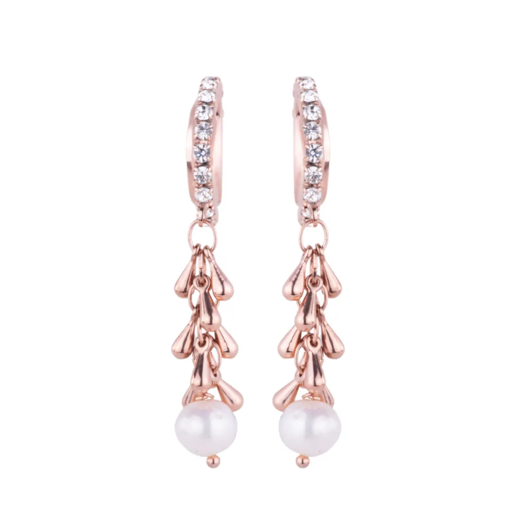 Hoop Earrings with Tassle Dangle in "Clear Pearl" - Rose Gold