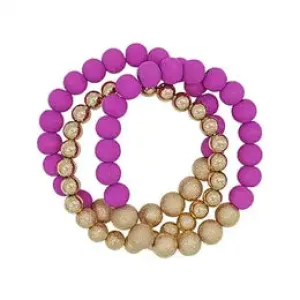 Hot Pink Wood & Gold Beaded Bracelets