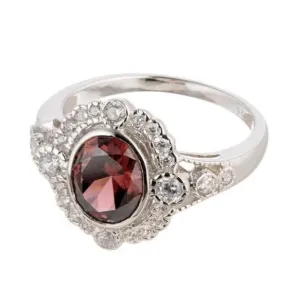 Imitation Garnet Gemstone Antique Style Engagement Ring In Sterling Silver
