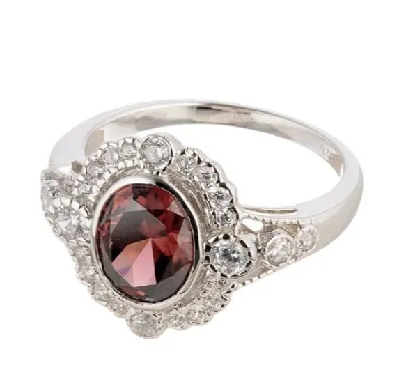 Imitation Garnet Gemstone Antique Style Engagement Ring In Sterling Silver