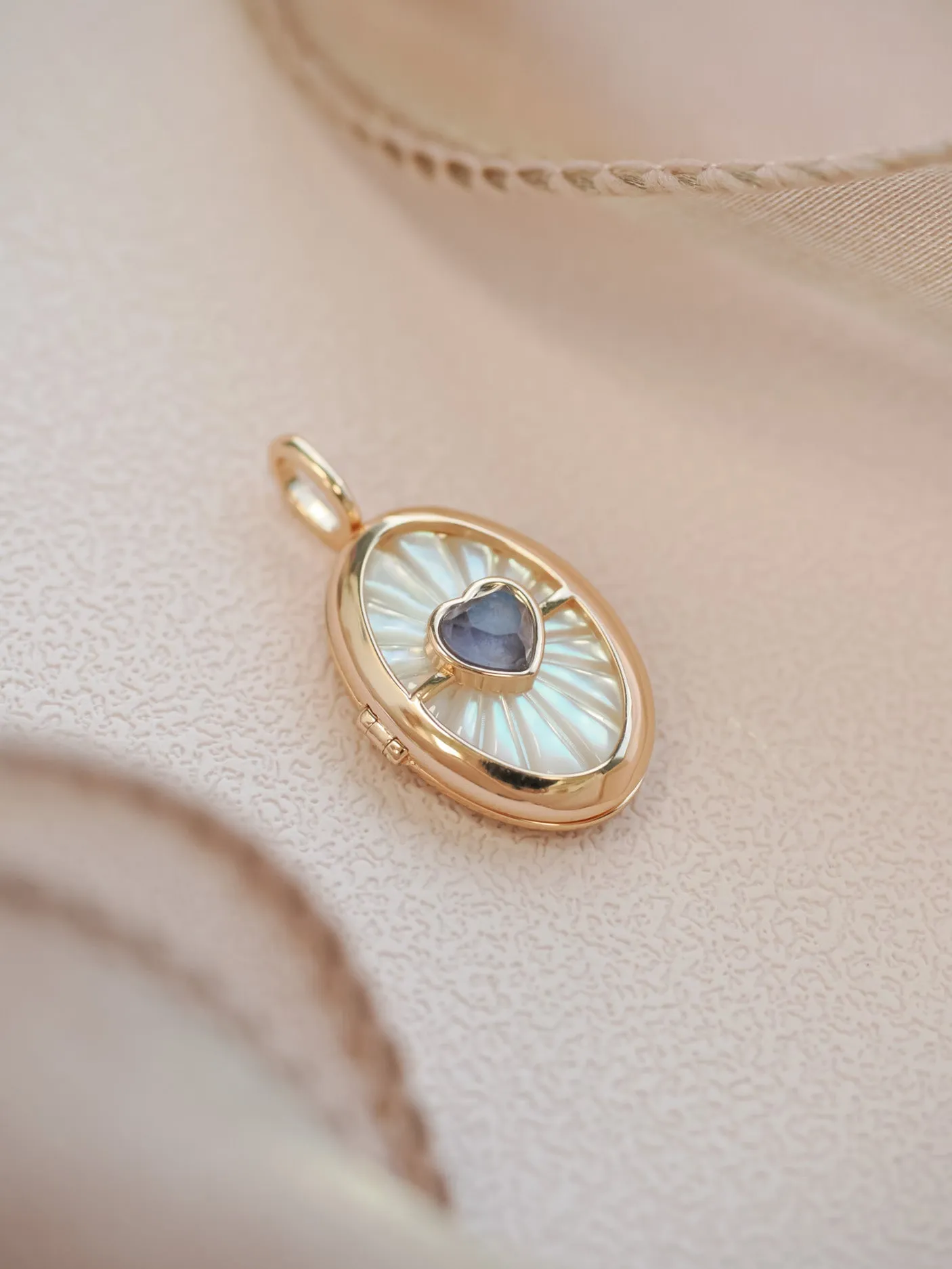 Iolite & Mother of Pearl Gold Locket Pendant - Love Magic