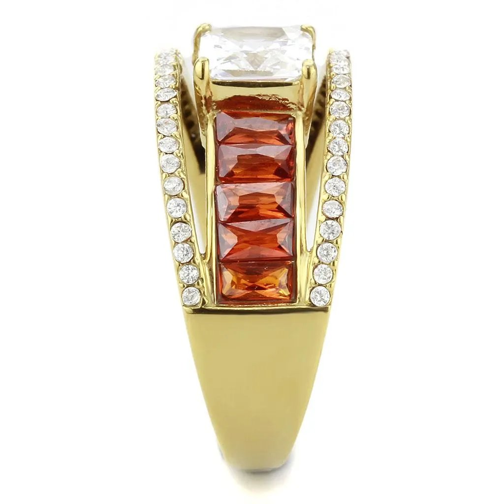 IP Gold(Ion Plating) Stainless Steel Ring with AAA Grade CZ in Garnet for Women Style DA360
